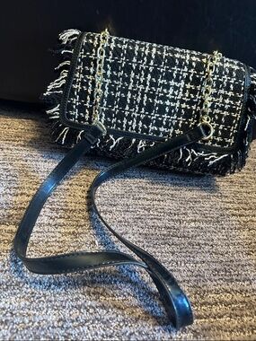bebe Black & White Tweed Fringe Crossbody with Gold Chain